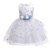 ZHUASHUM flower girl dresses Prom Outfits Sleeveless Gown Tulle Dress Embroidered Kid Floral Children Dresses easter clothes Blue,Size:2-3 Years